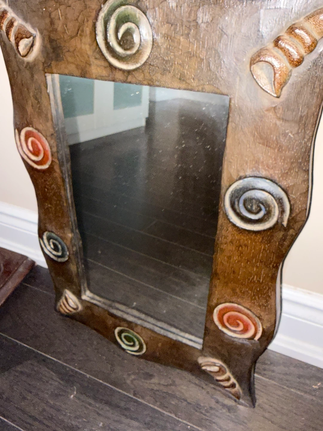Hand Carved Wall Mirror with Swirl and Shell Accents - photo 3