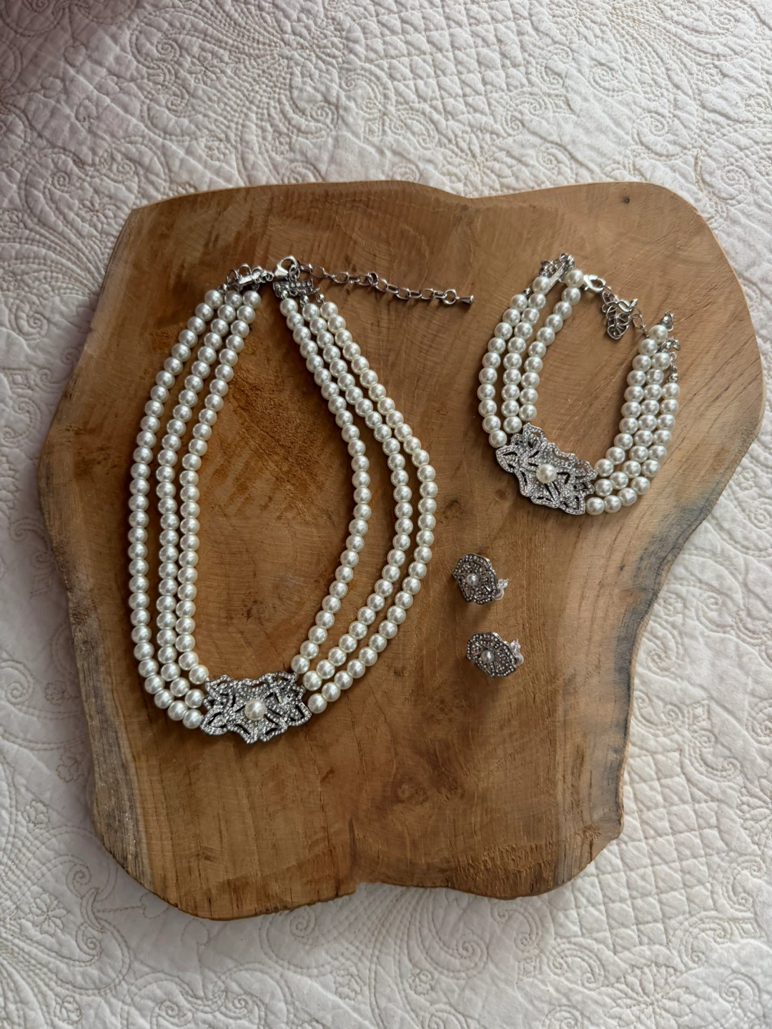Victorian Style Faux Pearl Zirconia Necklace Earrings Bracelet
