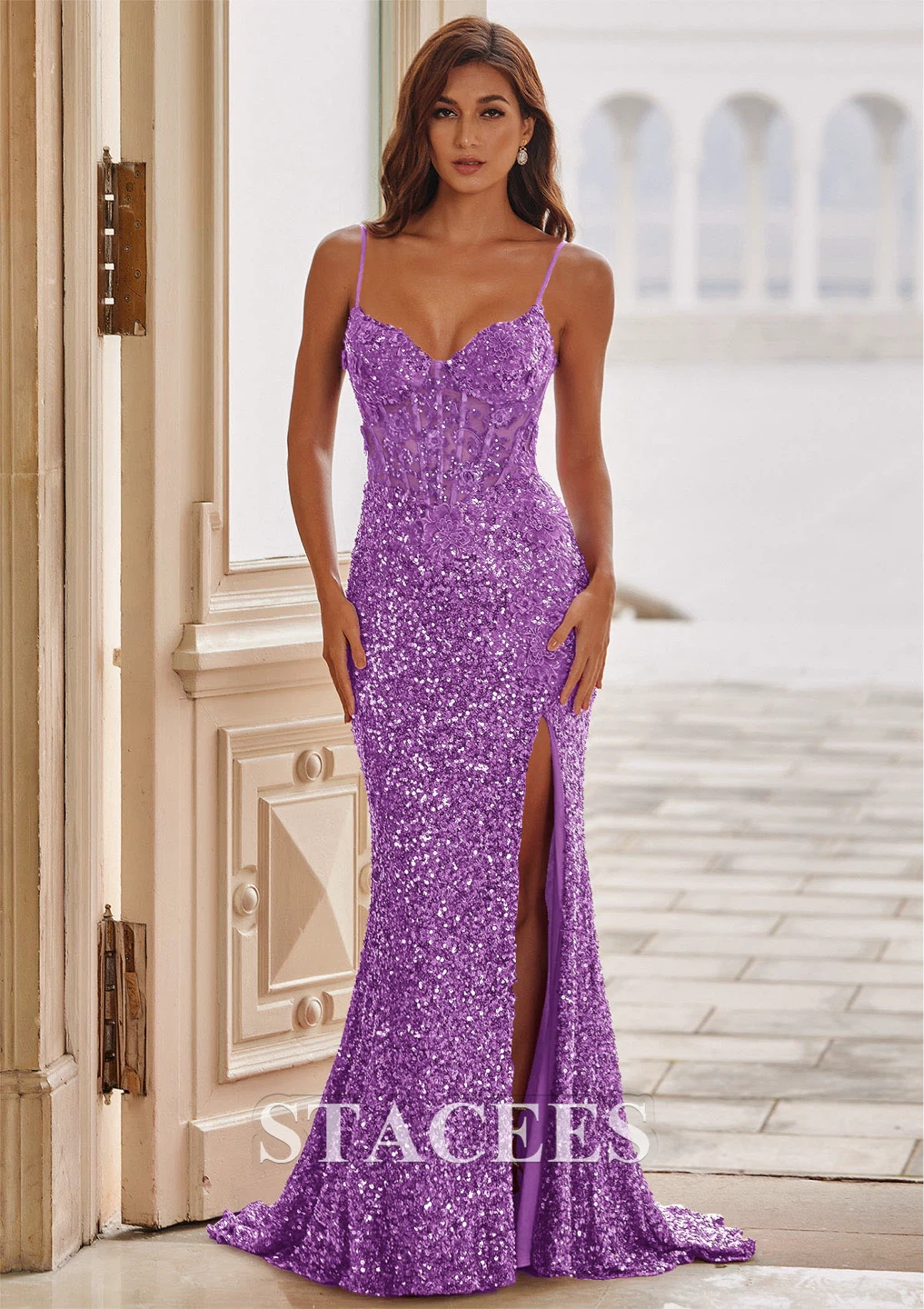 STACEES Purple Sequin Corset Gown