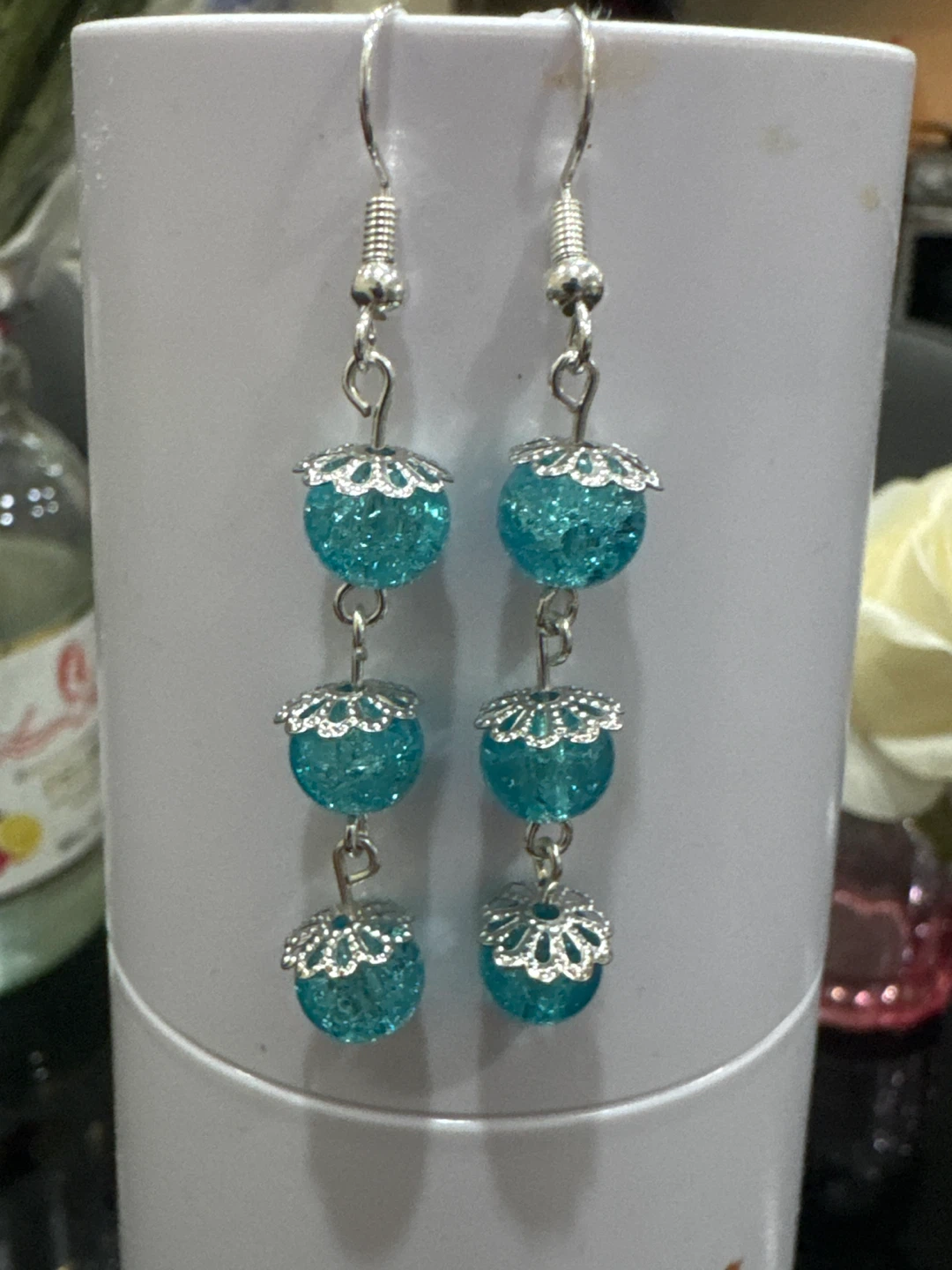 Blue Crackle Glass Bead Dangle Earrings