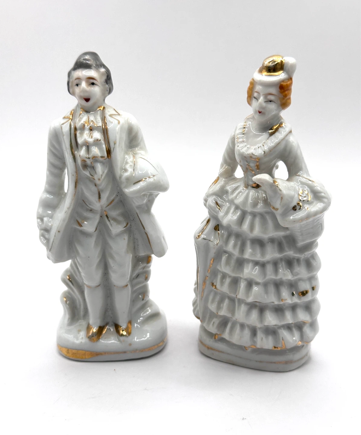 Occupied Japan Figurines Colonial Couple White w/ Gold Trim