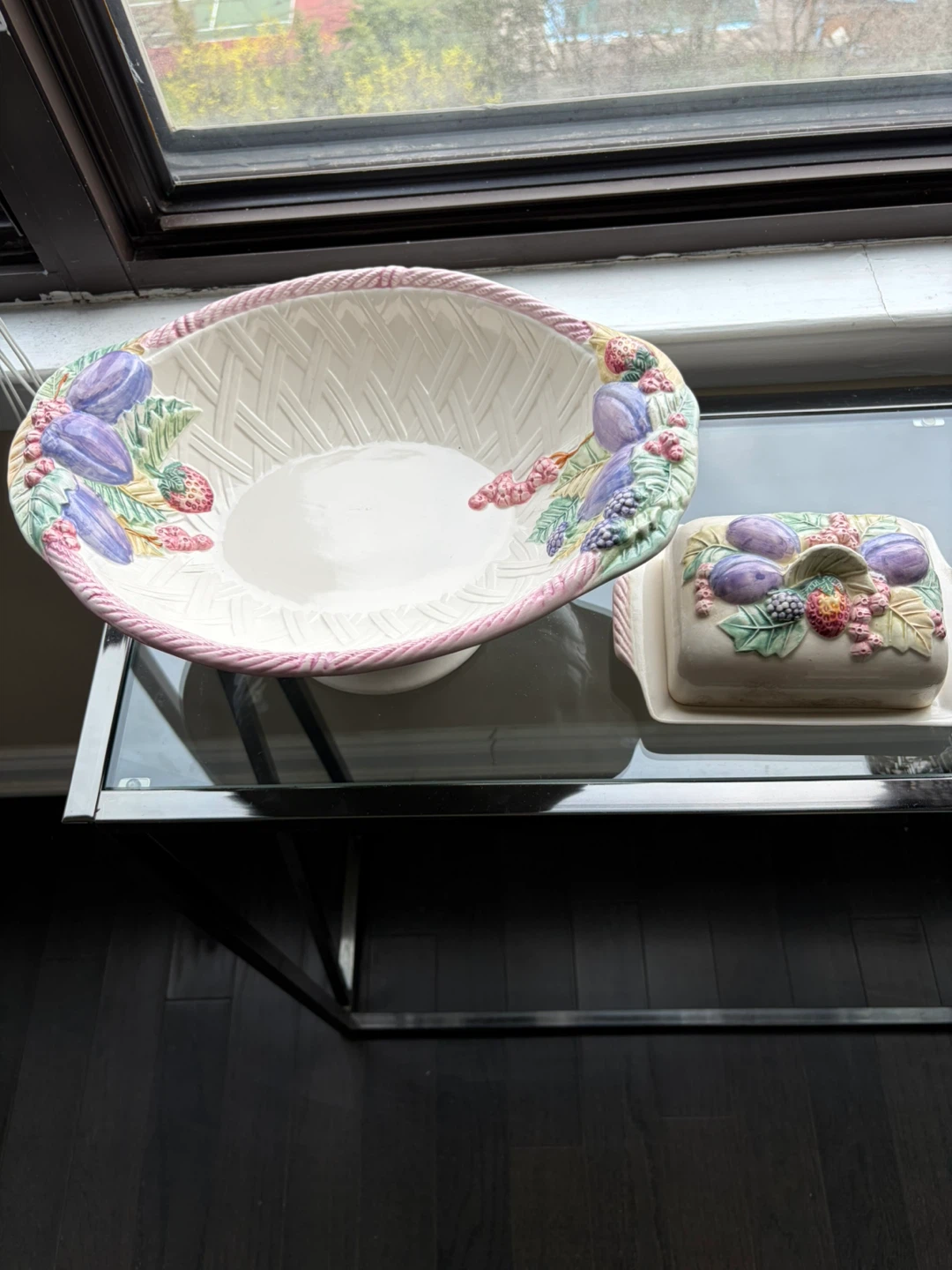 Fruit Embossed Pedestal Bowl & Butter Dish