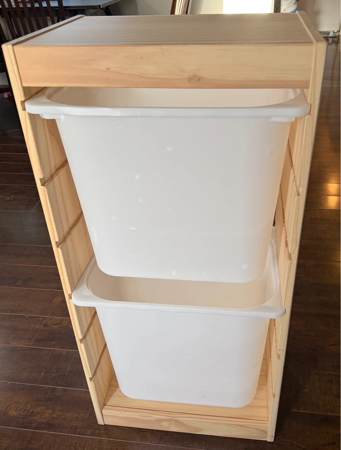 Wooden Toy Bin Organizer with 2 White Bins