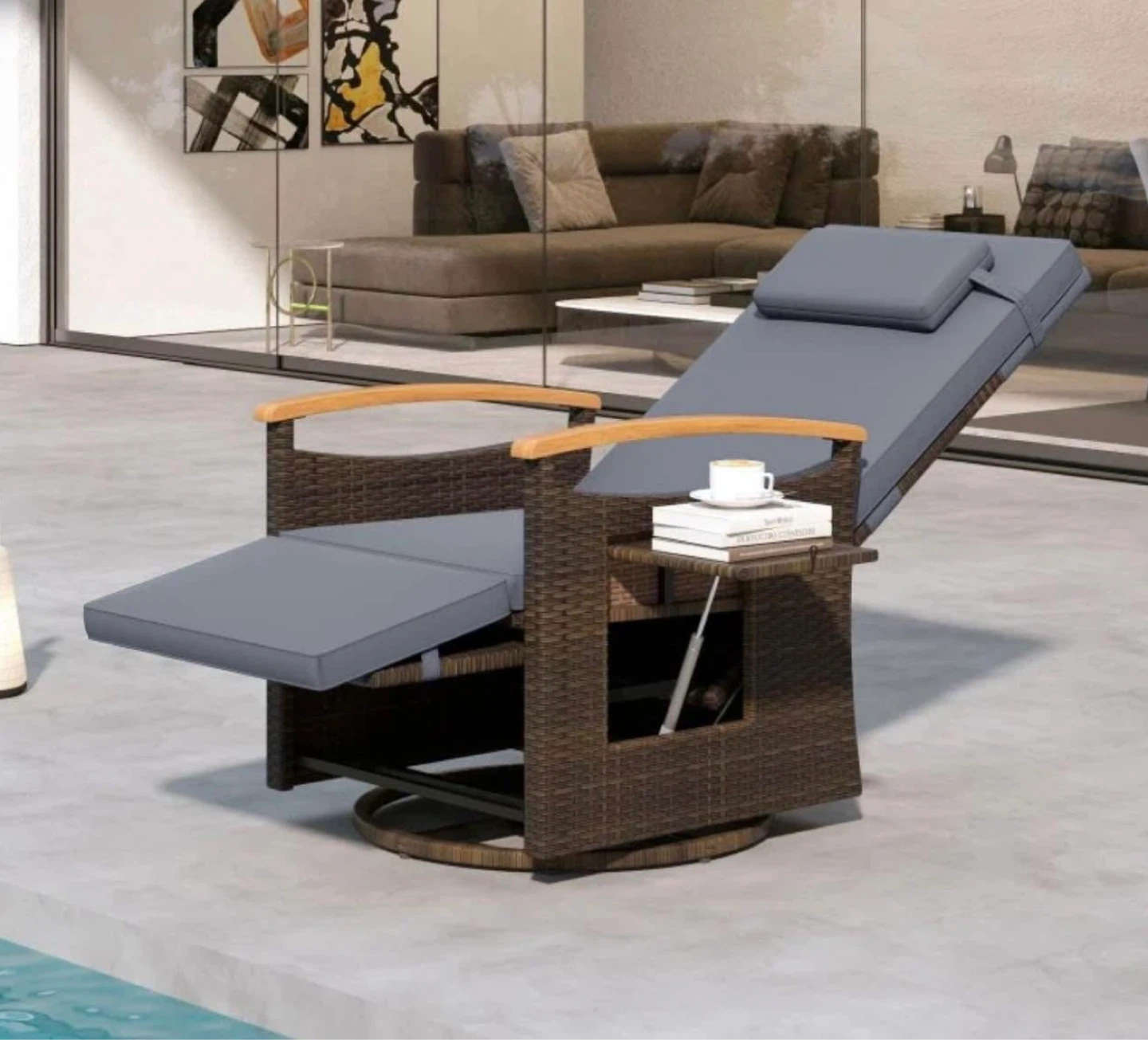 Wicker Patio Recliner Chair with Swivel and Side Table - photo 2