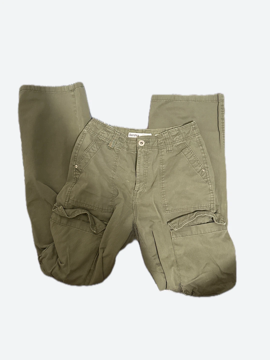 Bershka Medium Rise Cargo Straight Pants - Olive Green