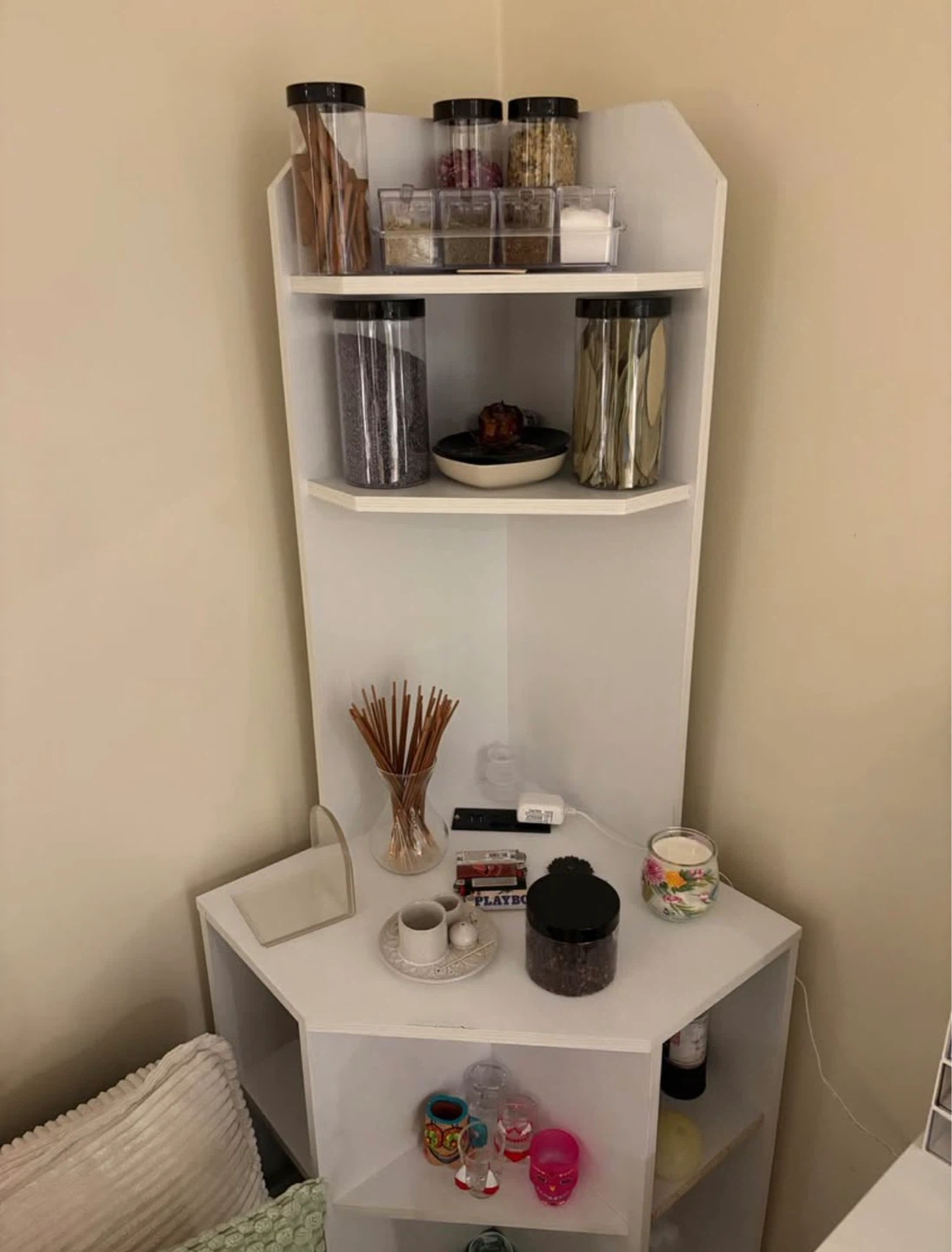 White Corner Shelf with Plug