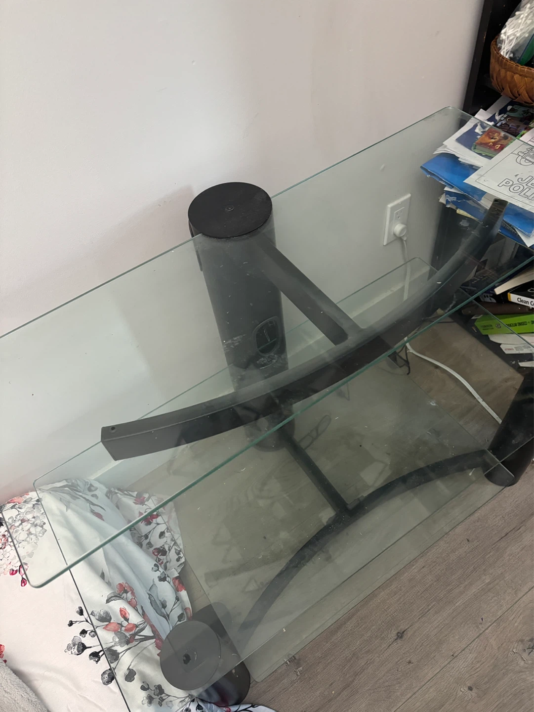 Glass TV stand with metal frame