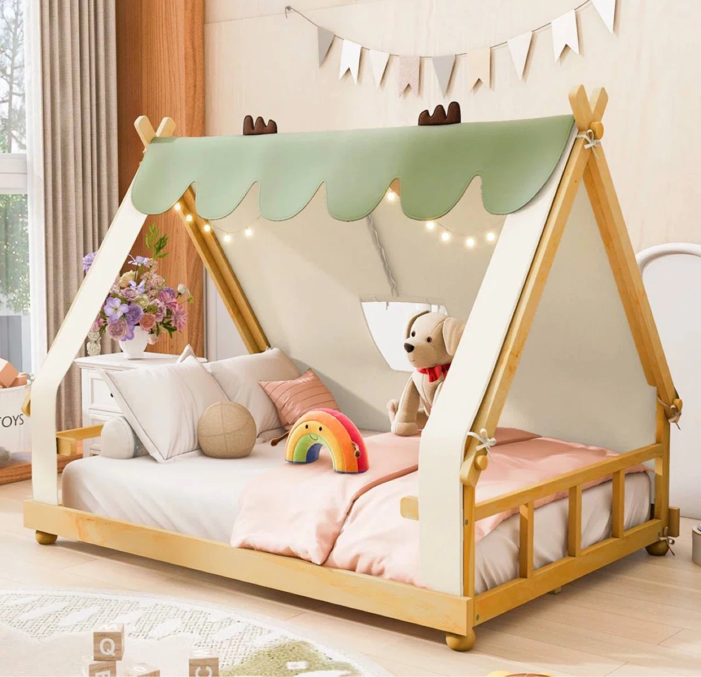 Marion House Bed with Tent, Light & Wooden Frame