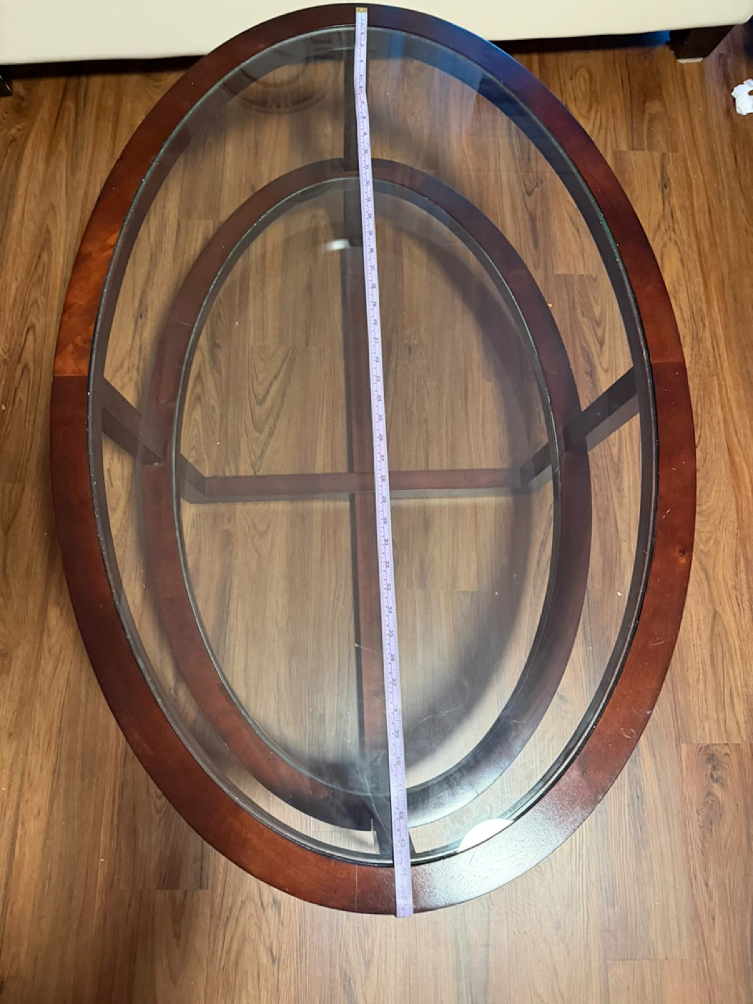 Oval Glass Coffee Table with Wood Trim - photo 2