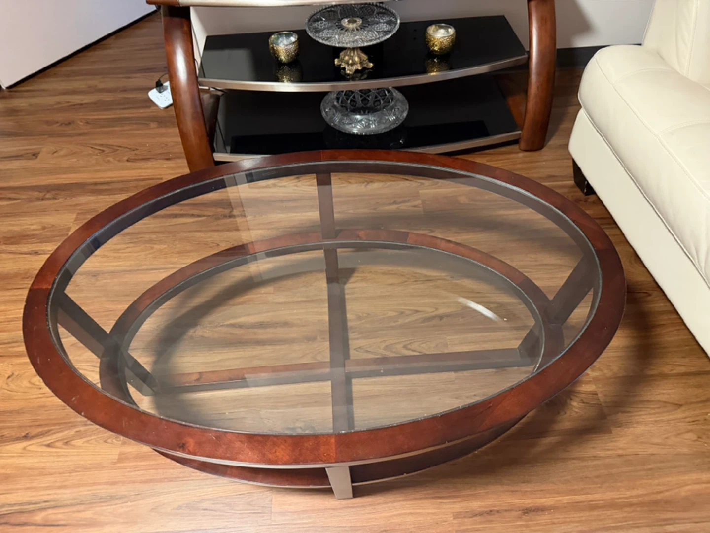 Oval Glass Coffee Table with Wood Trim