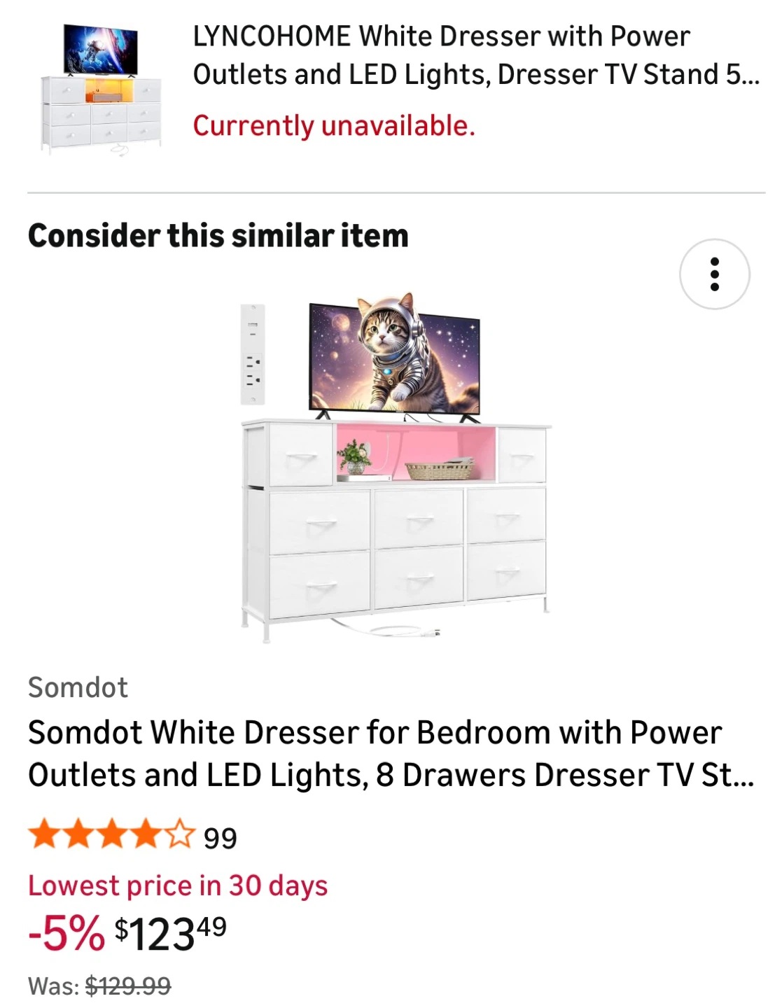 White Dresser with Power Outlets and LED Lights - 8 Drawers