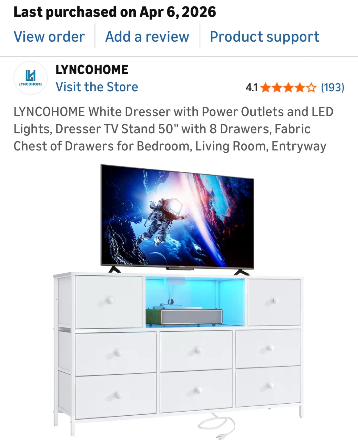 White Dresser with Power Outlets and LED Lights - 8 Drawers - photo 2