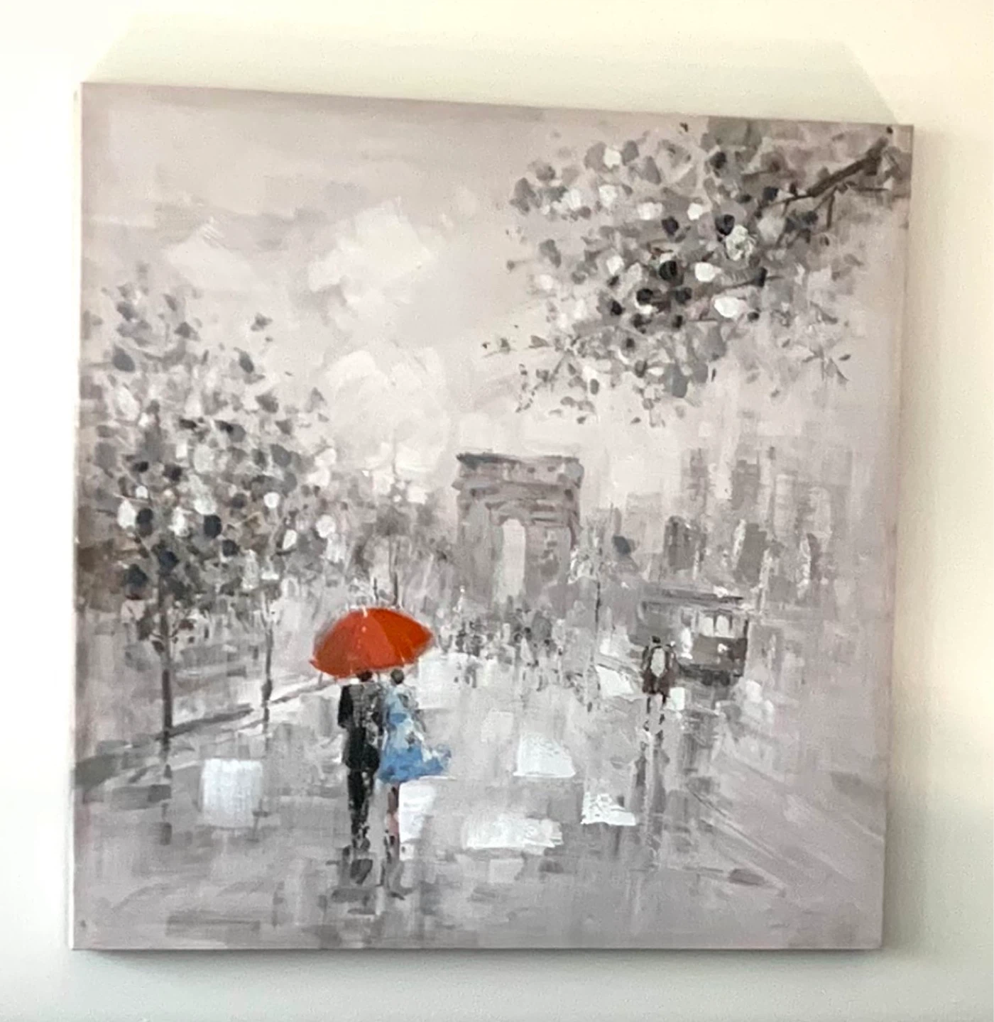Parisian Scene Canvas Wall Art with Red Umbrella