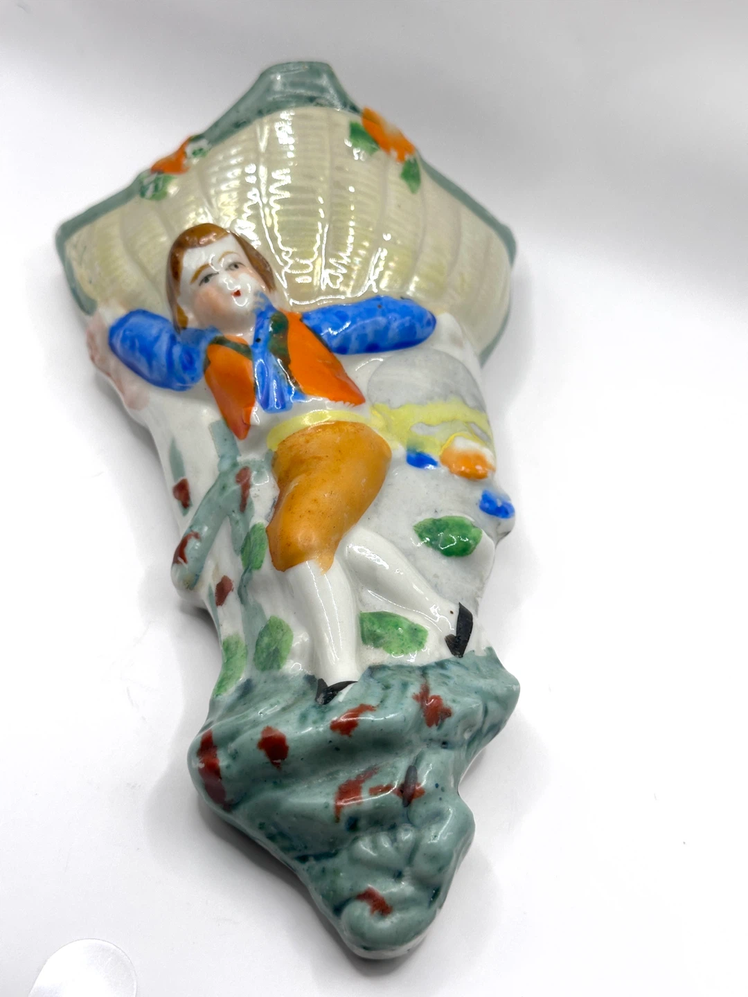 Boy Porcelain Wall Pocket MCM Japan Hand Painted Decor Planter