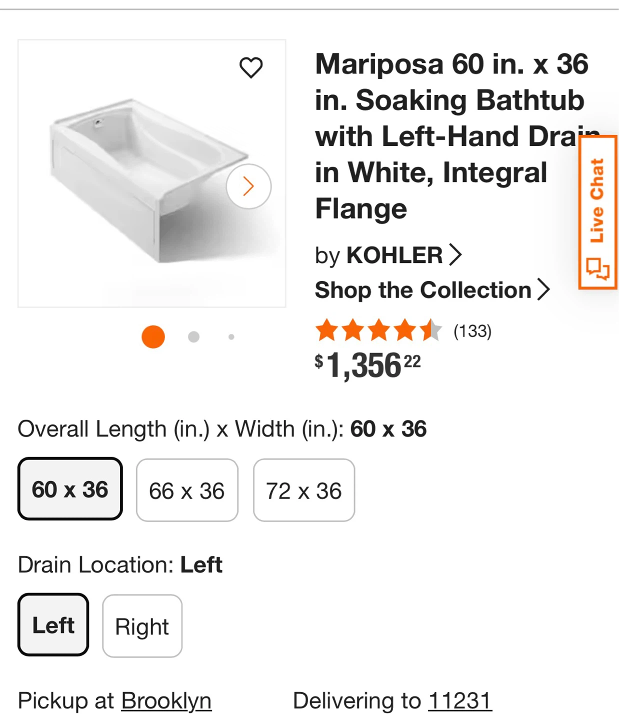 Brand New! Kohler Mariposa 60" Soaking Bathtub