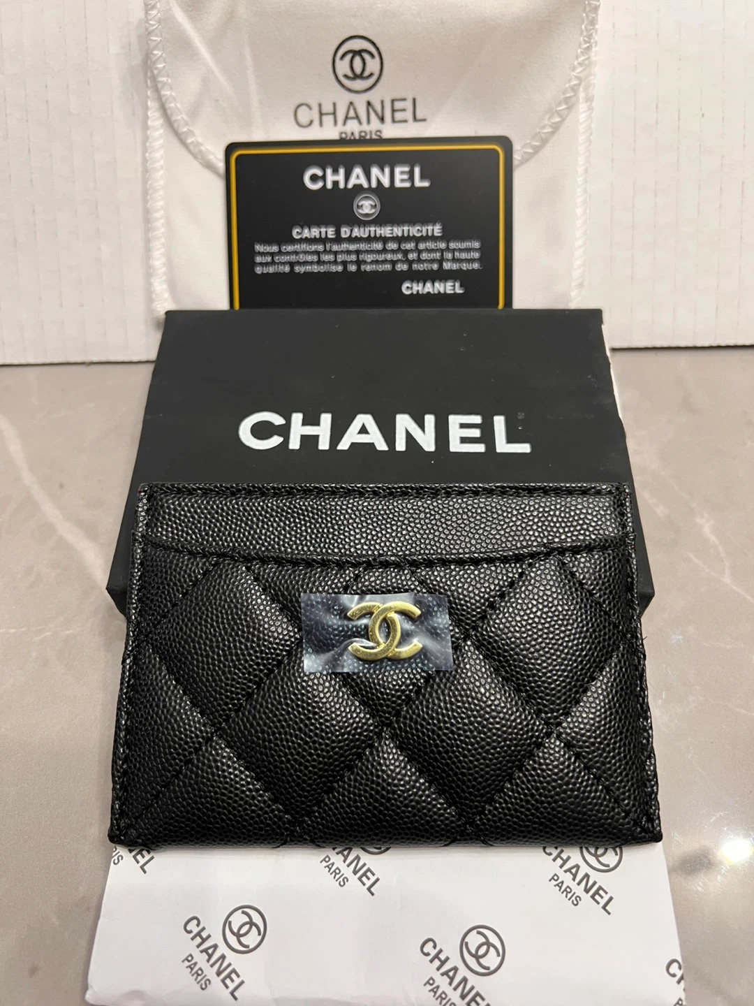 CHANEL Black Quilted Caviar Leather Card Holder