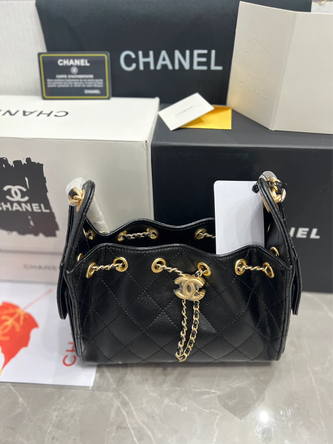 Chanel Black Quilted Leather Drawstring Bag