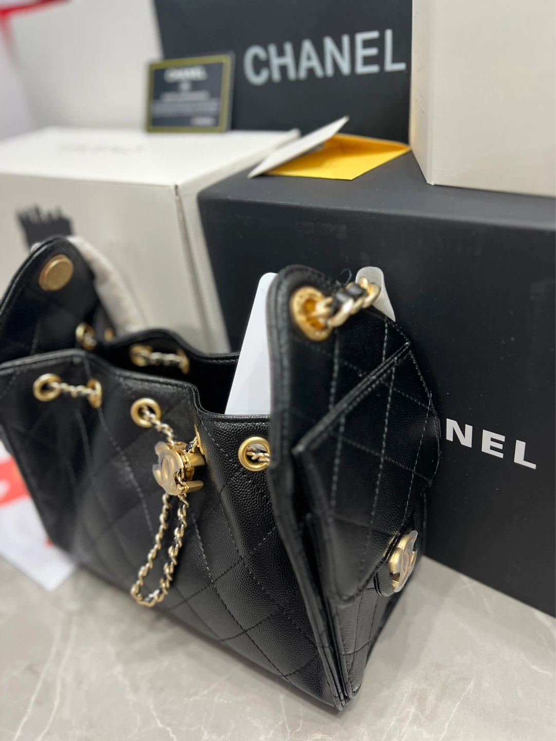 Chanel Black Quilted Leather Drawstring Bag - photo 3