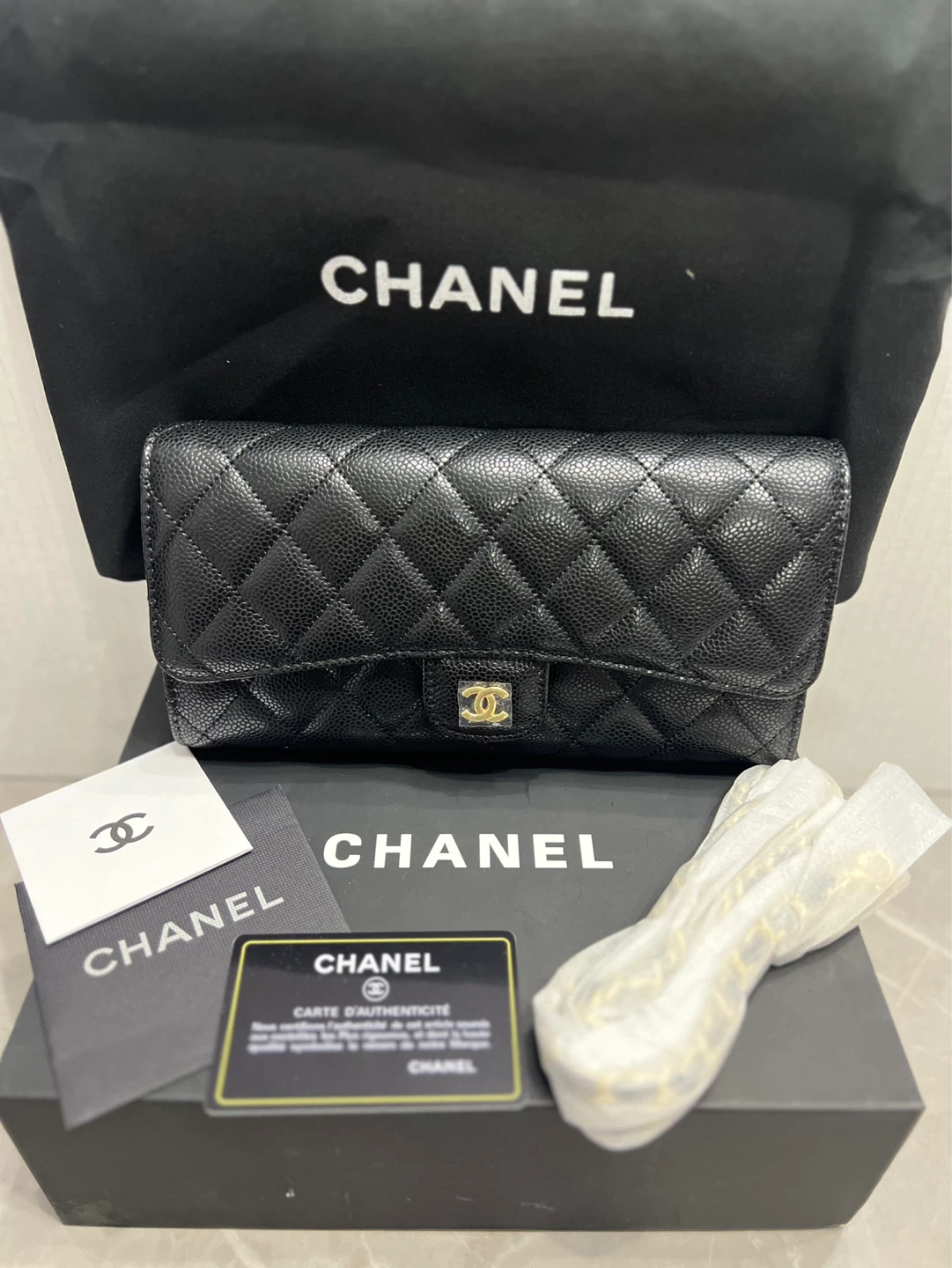 CHANEL Black Quilted Caviar Leather Wallet on Chain