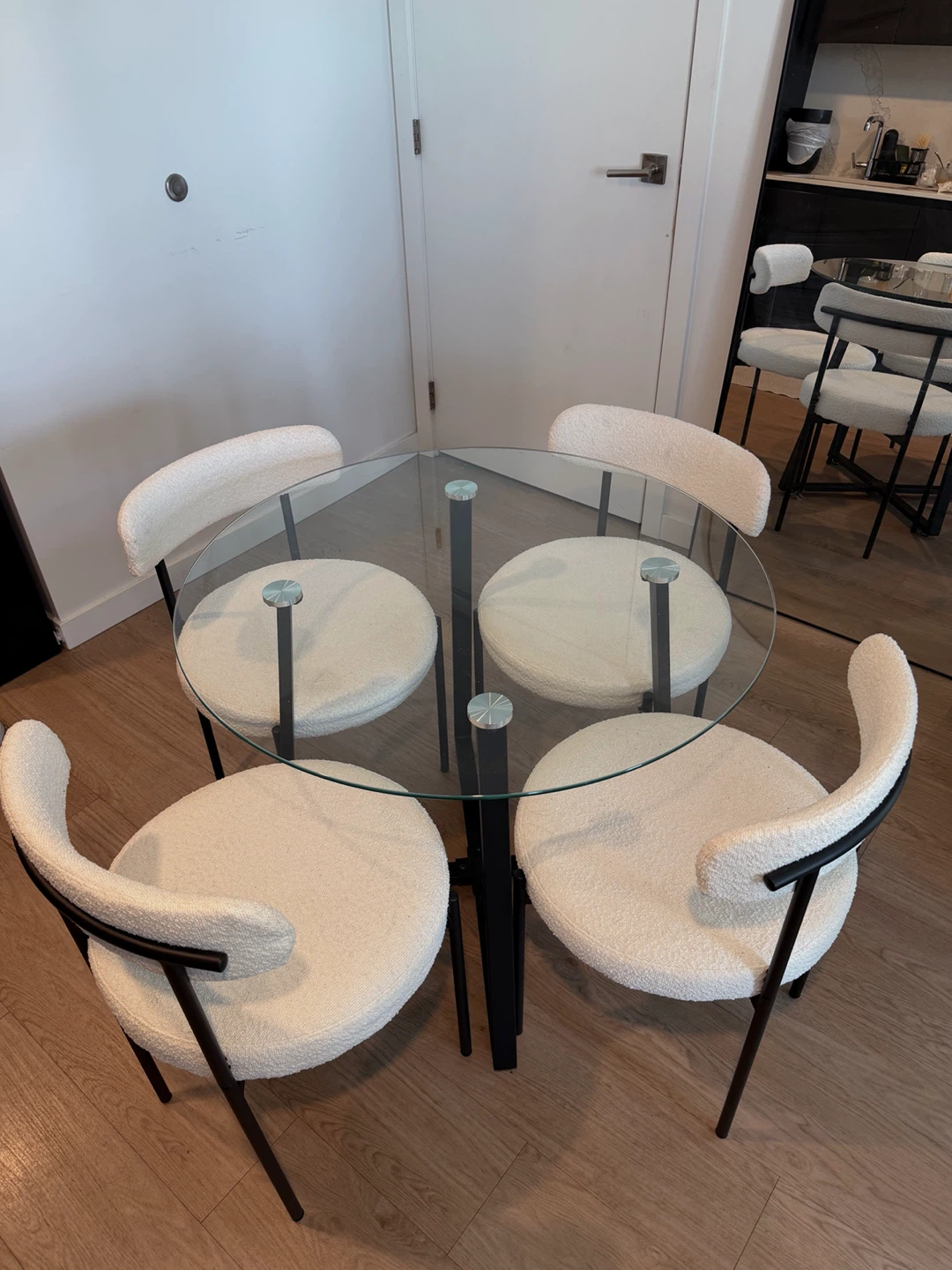 Set of 4 Cream Boucle Chairs and Glass Top Dining Table