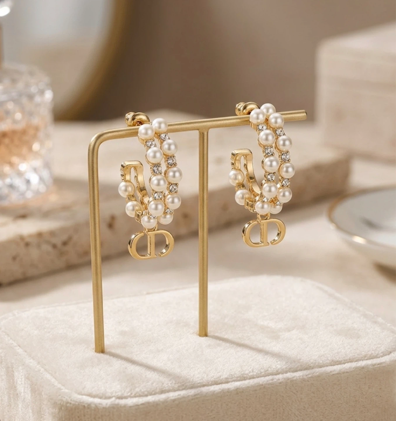 Real Gold Plated CD inspired Pearl Hoop Earrings