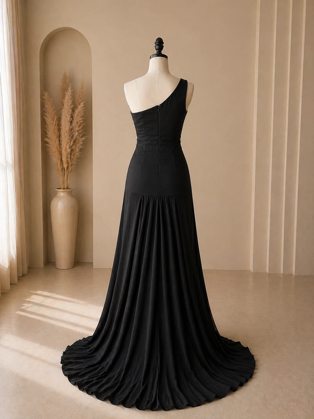 Black One-Shoulder Evening Gown with Train - photo 2