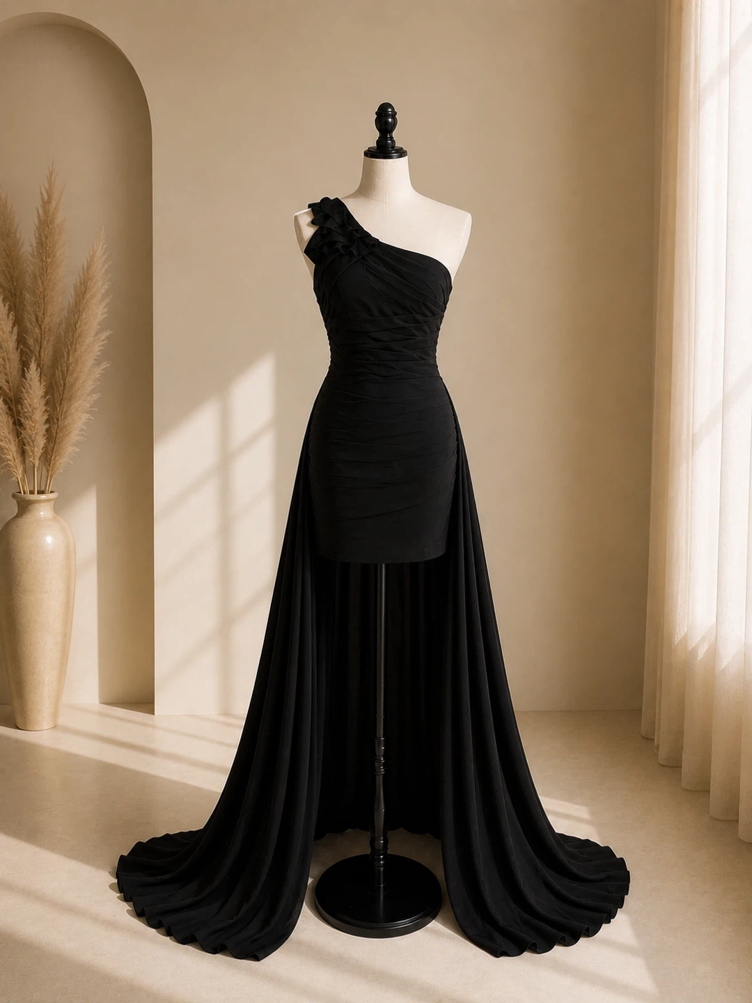 Black One-Shoulder Evening Gown with Train