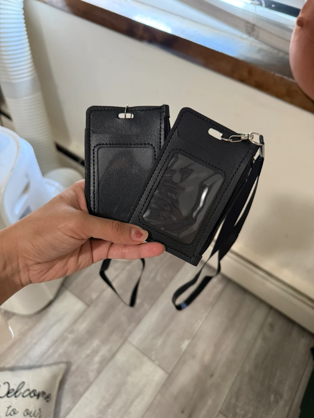 Black Faux Leather ID Badge Holder with Lanyard (2 Pack)