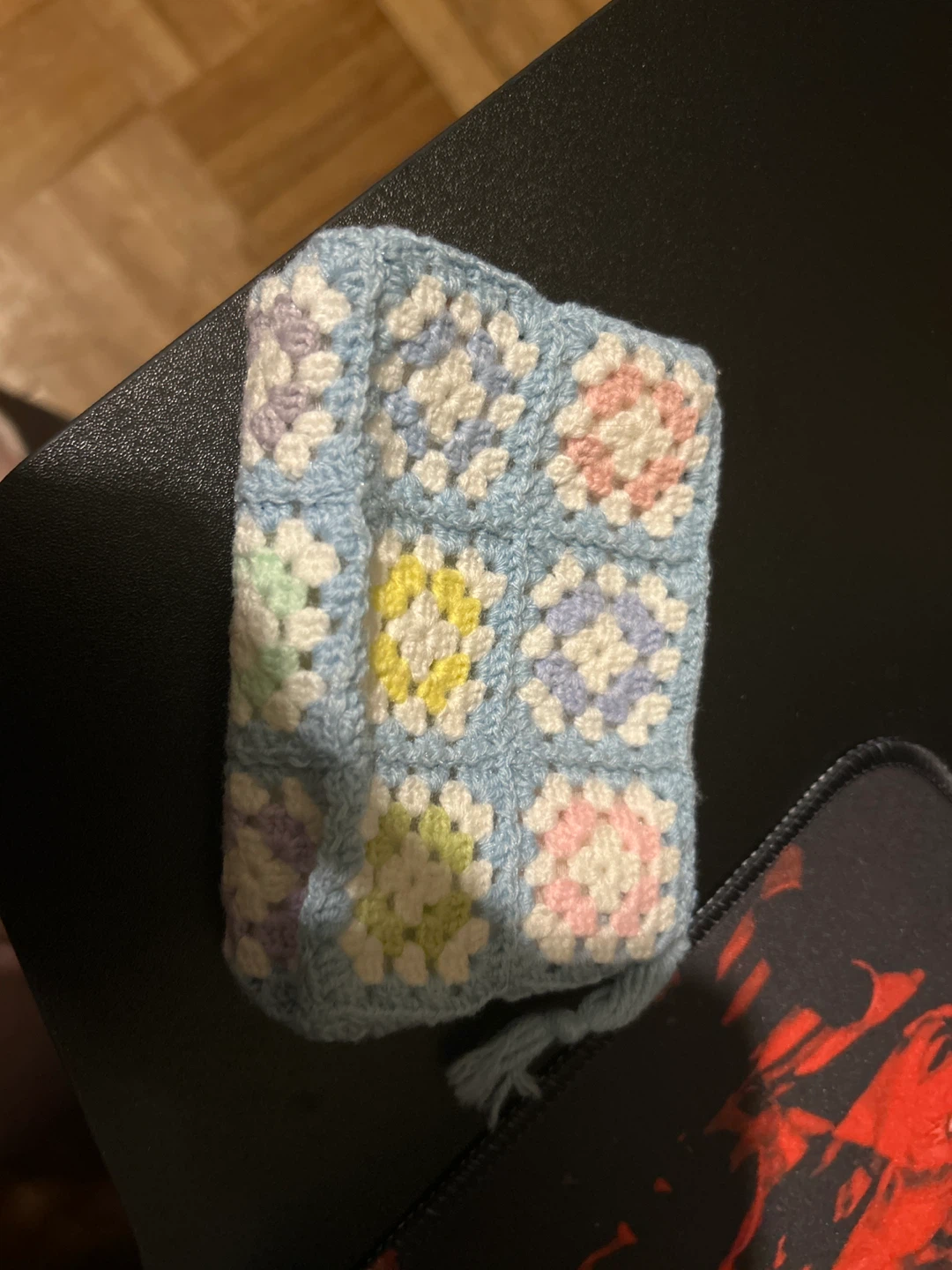 Crocheted Granny Square Pouch - Light Blue