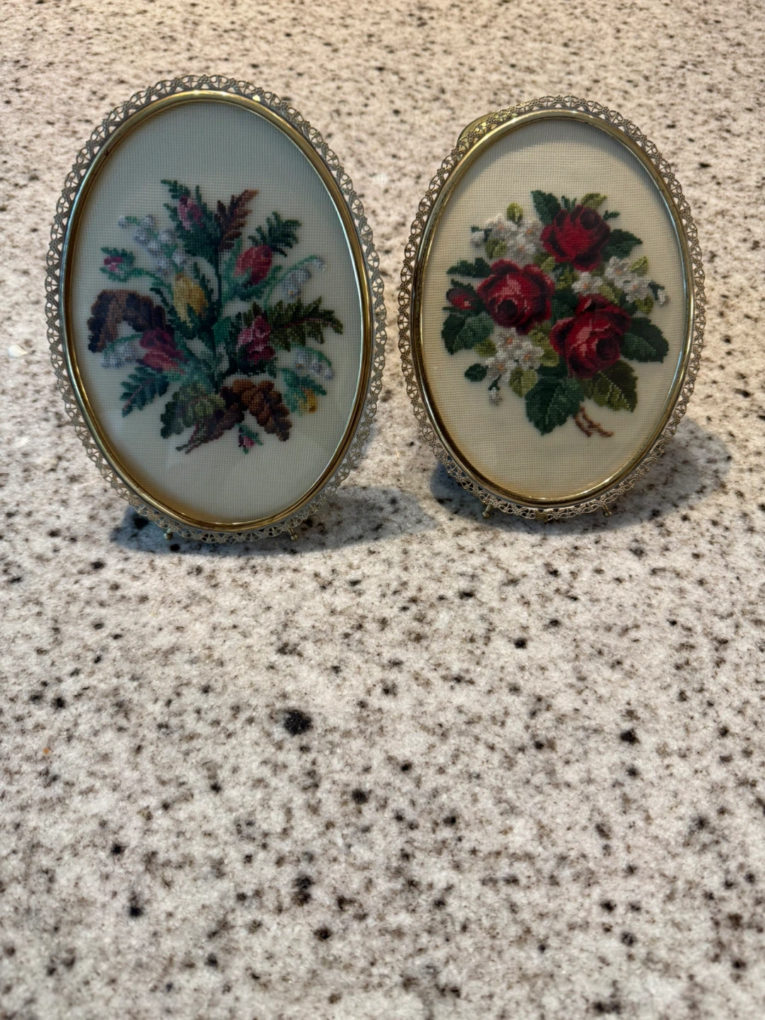 Set of 2 Vintage Oval Embroidered Flower Wall Art