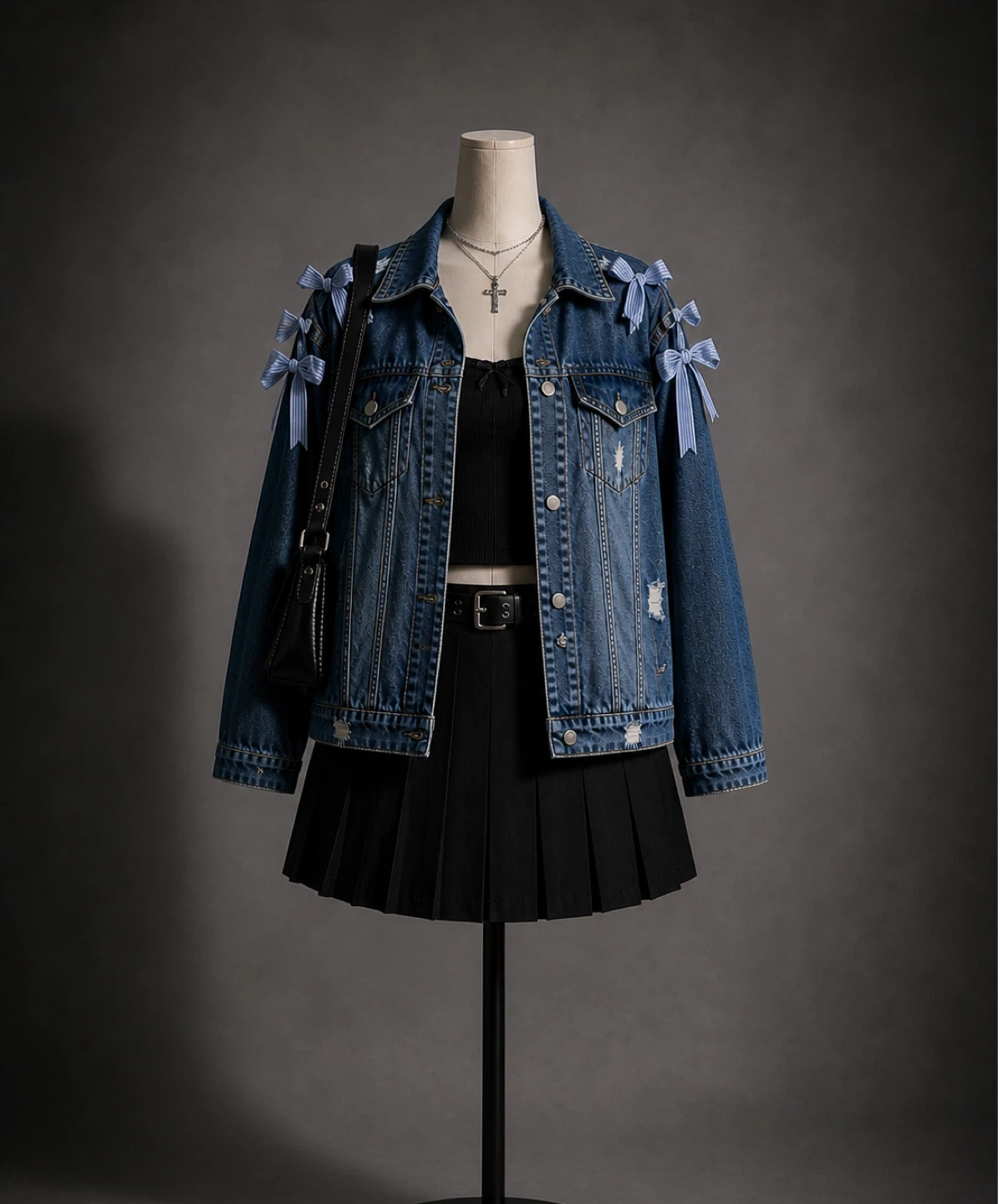Revamped Dark Blue Jean Jacket with Light Blue Stripe Bows