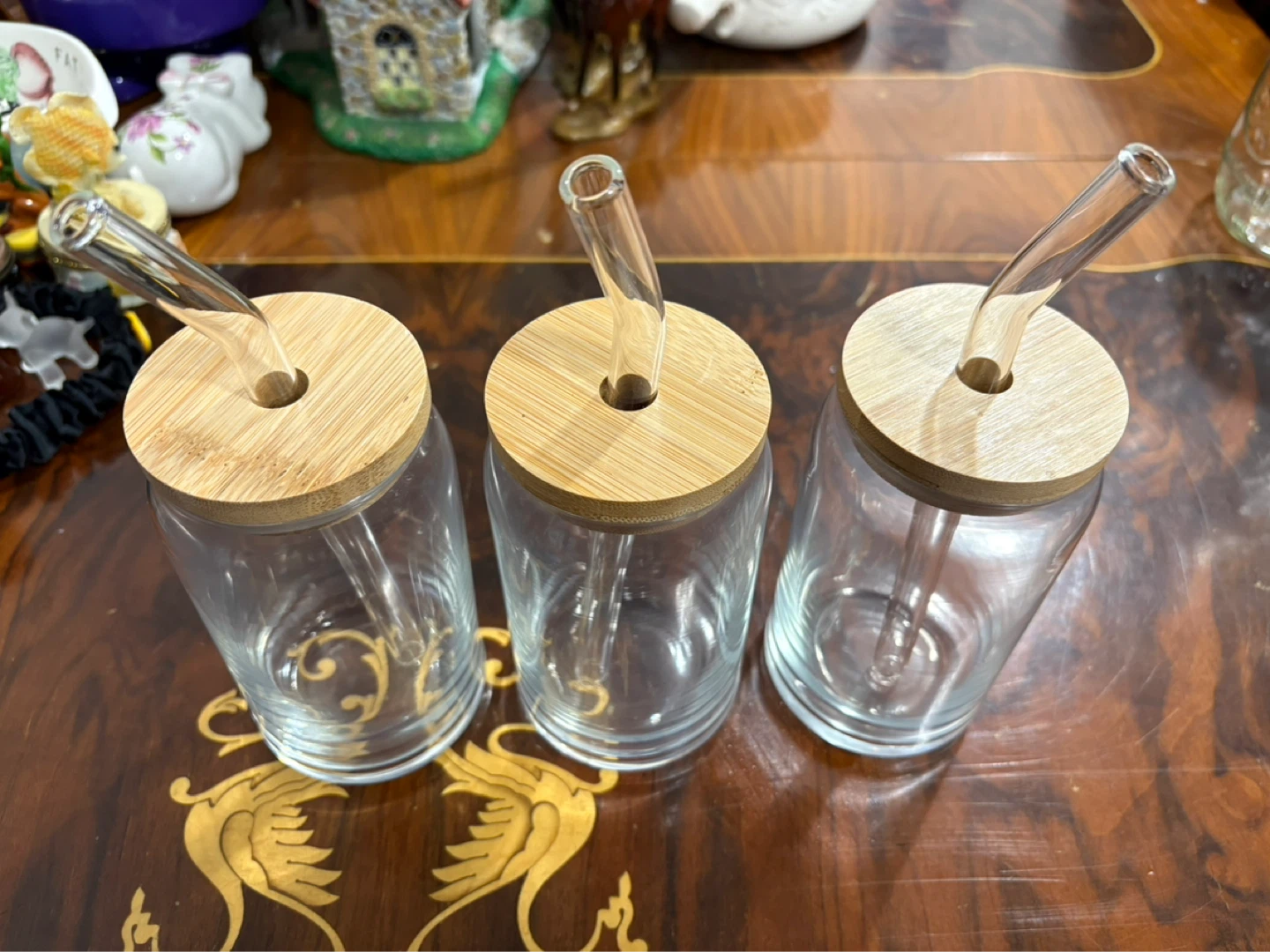 Set of 3 Glass Tumblers with Bamboo Lids and Straws - photo 2