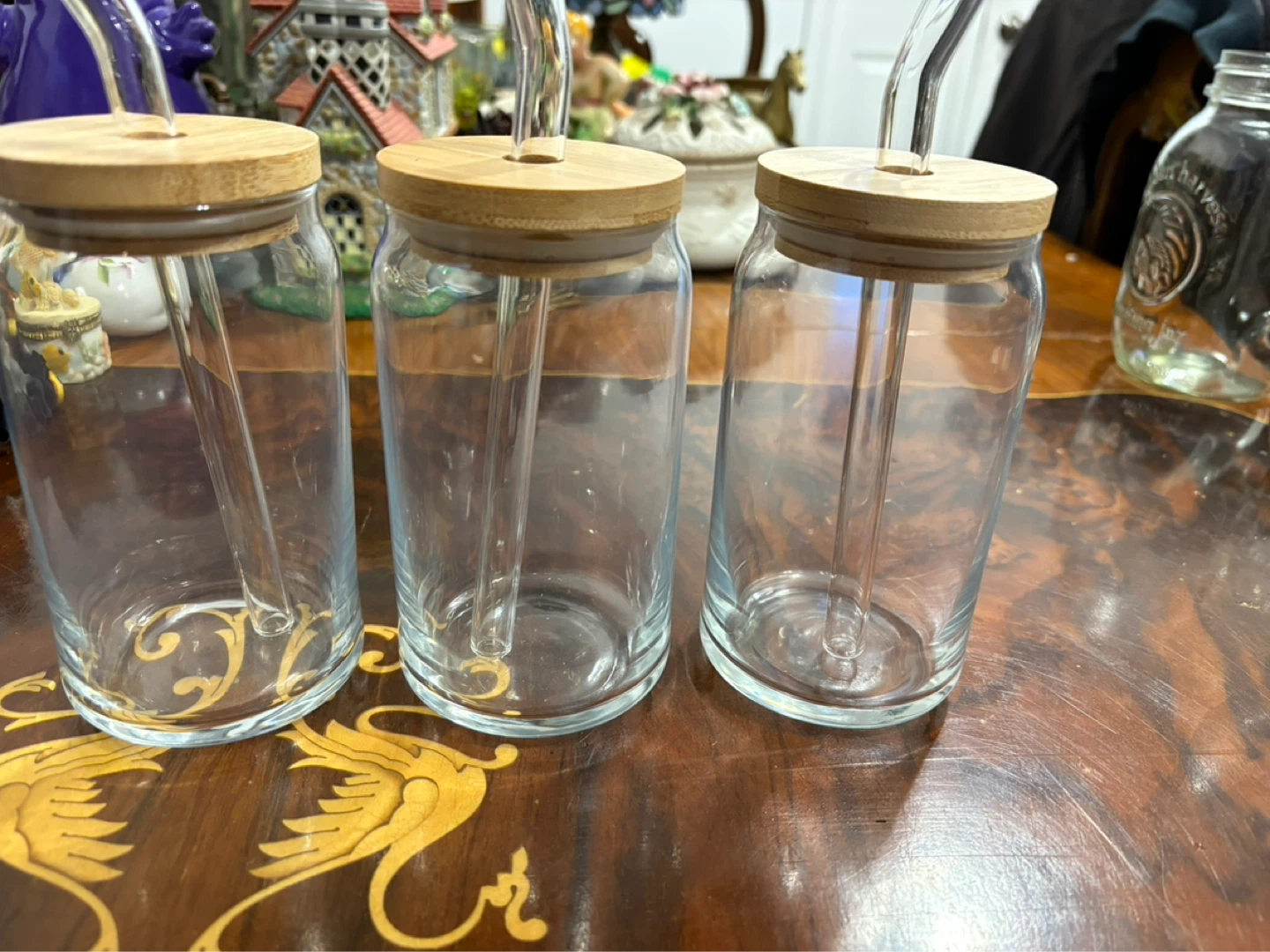 Set of 3 Glass Tumblers with Bamboo Lids and Straws
