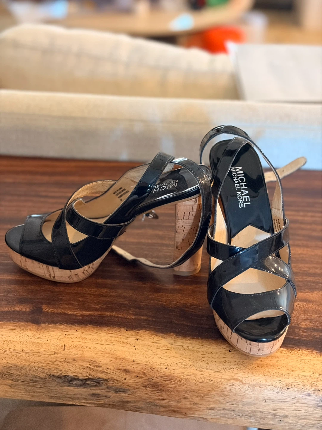 Michael Kor Black Patent Cork Heel Sandals