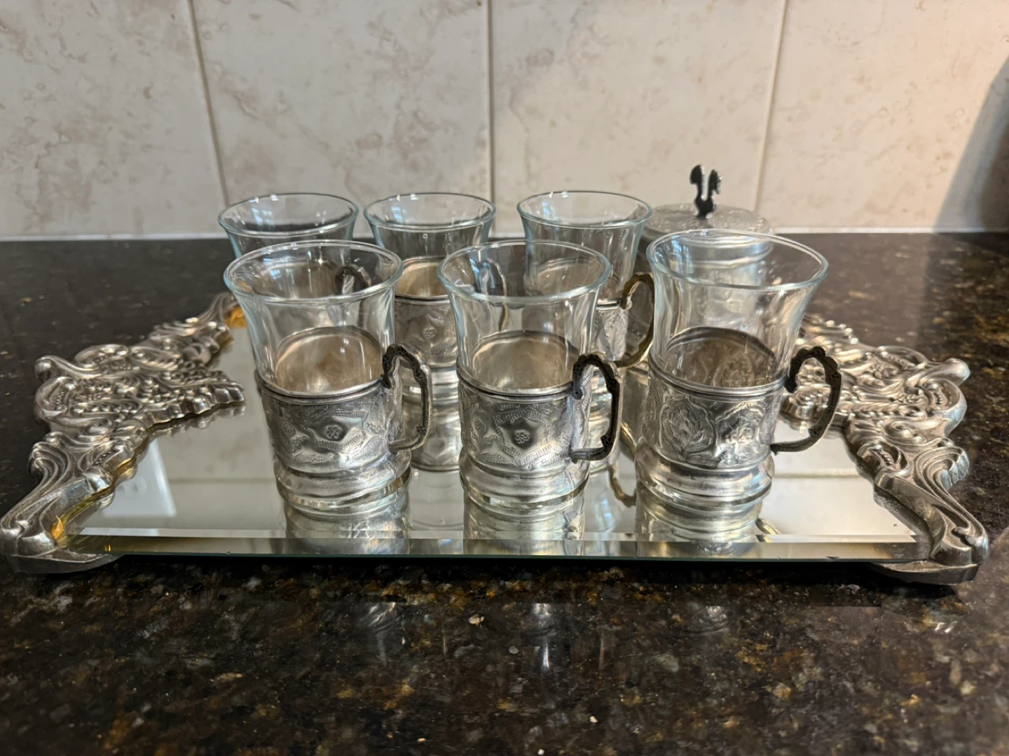 Set of 6 Vintage Persian Glass Tumblers with Silver Tone Holders