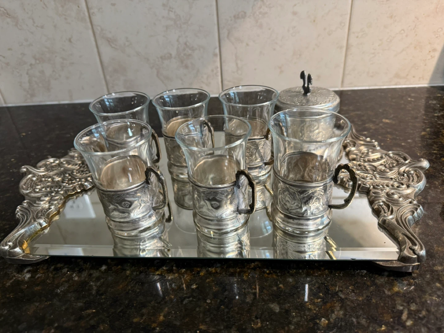 Set of 6 Vintage Persian Glass Tumblers with Silver Tone Holders - photo 2