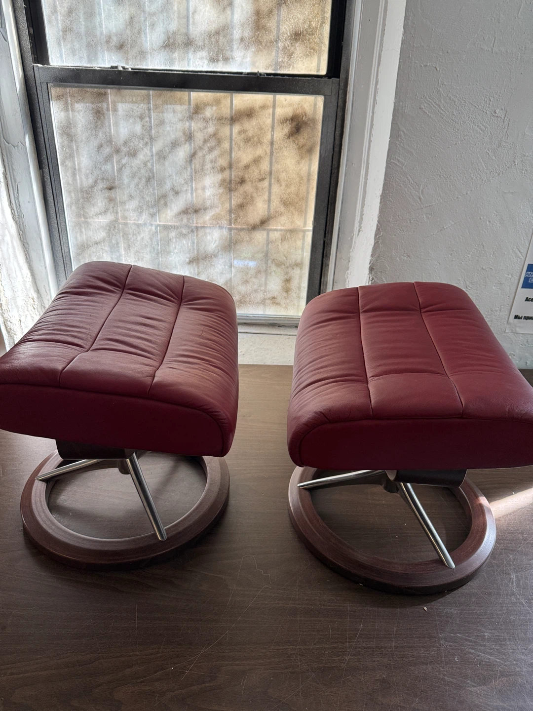 Red Leather Swivel Ottomans (Set of 2)
