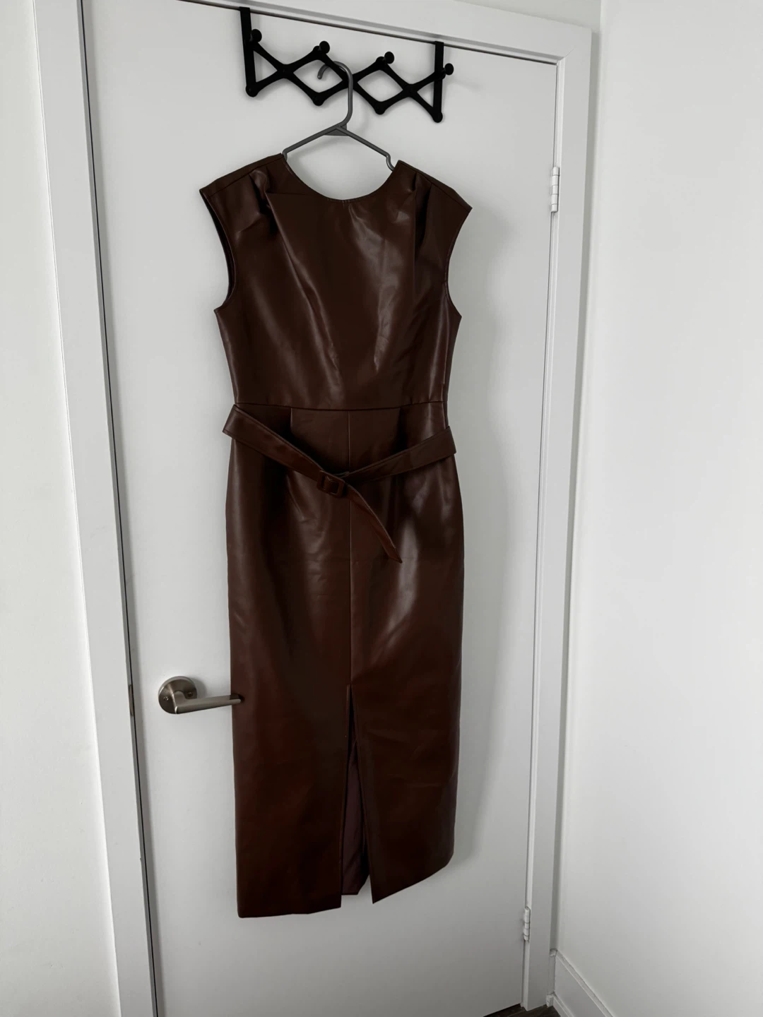PU Leather Sleeveless Belted Midi Dress - Brown