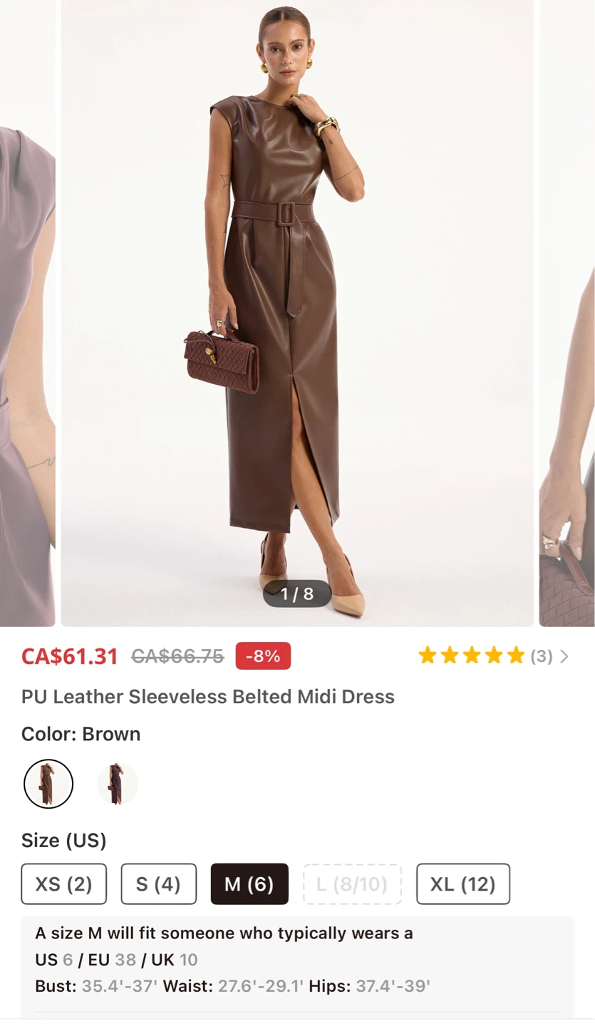 PU Leather Sleeveless Belted Midi Dress - Brown - photo 3