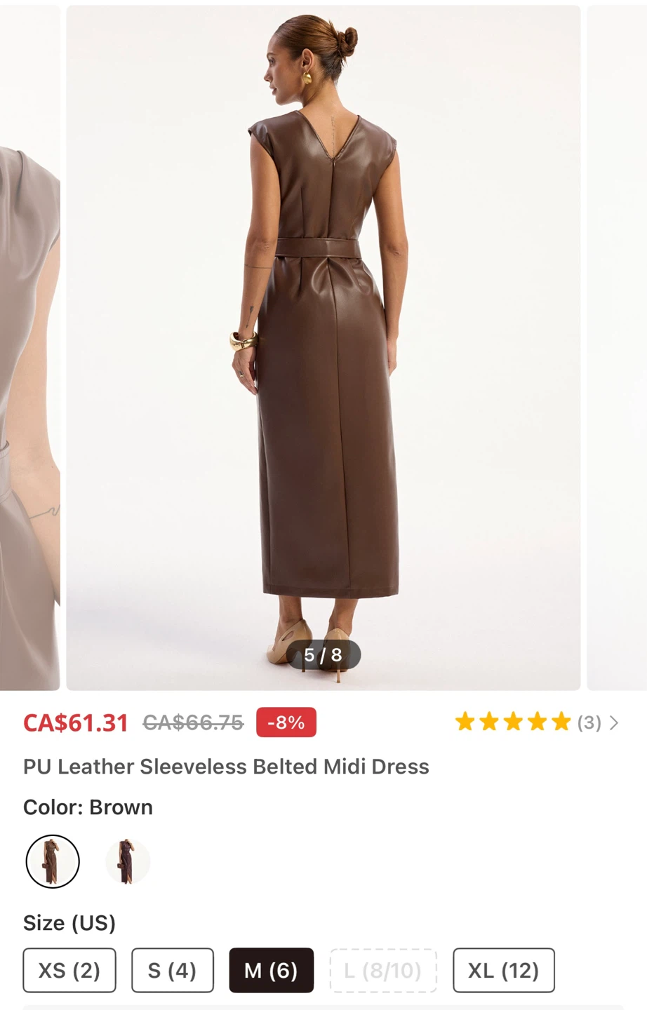 PU Leather Sleeveless Belted Midi Dress - Brown - photo 4