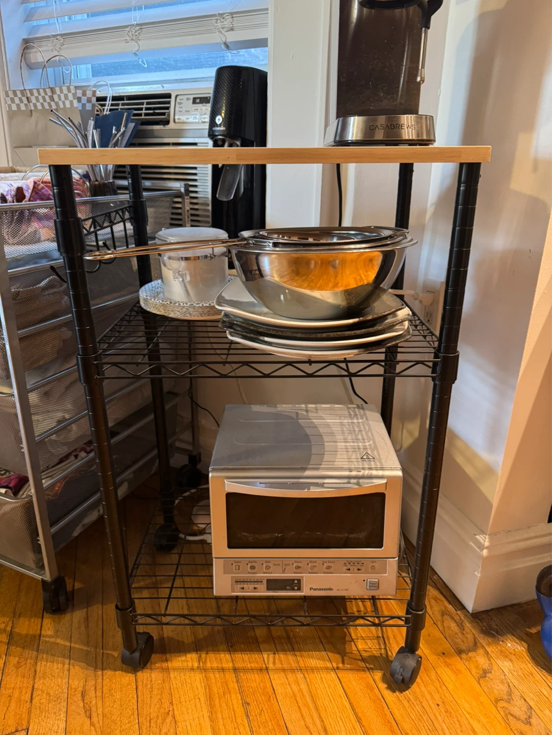 3-Tier Metal Wire Storage Cart with Wood Top