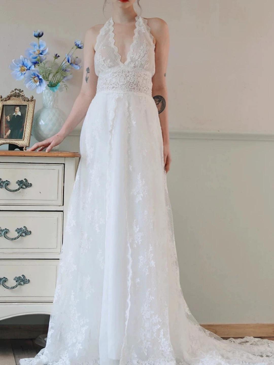 NEW Cocomelody Wedding Dress White Lace Halter Neck