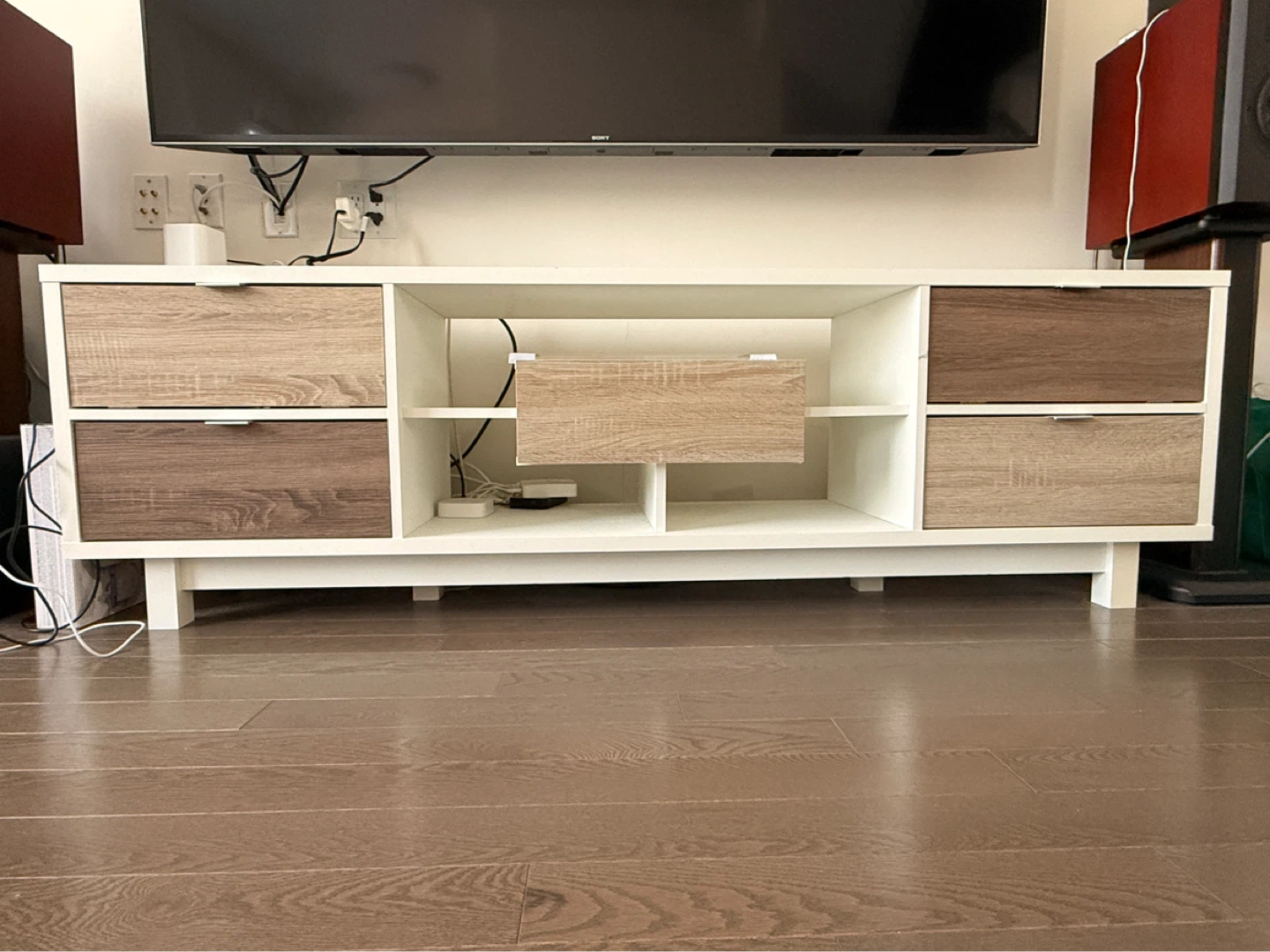 White TV Stand with Wood Drawer Fronts