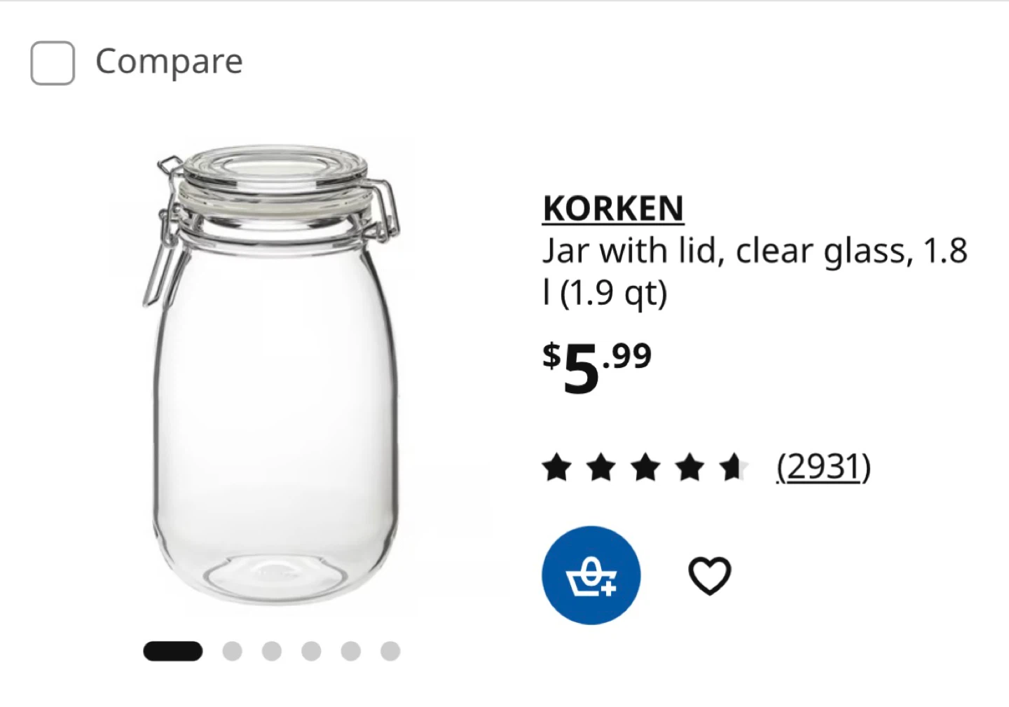 IKEA KORKEN Jars with Lid, Clear Glass, 1.8 L