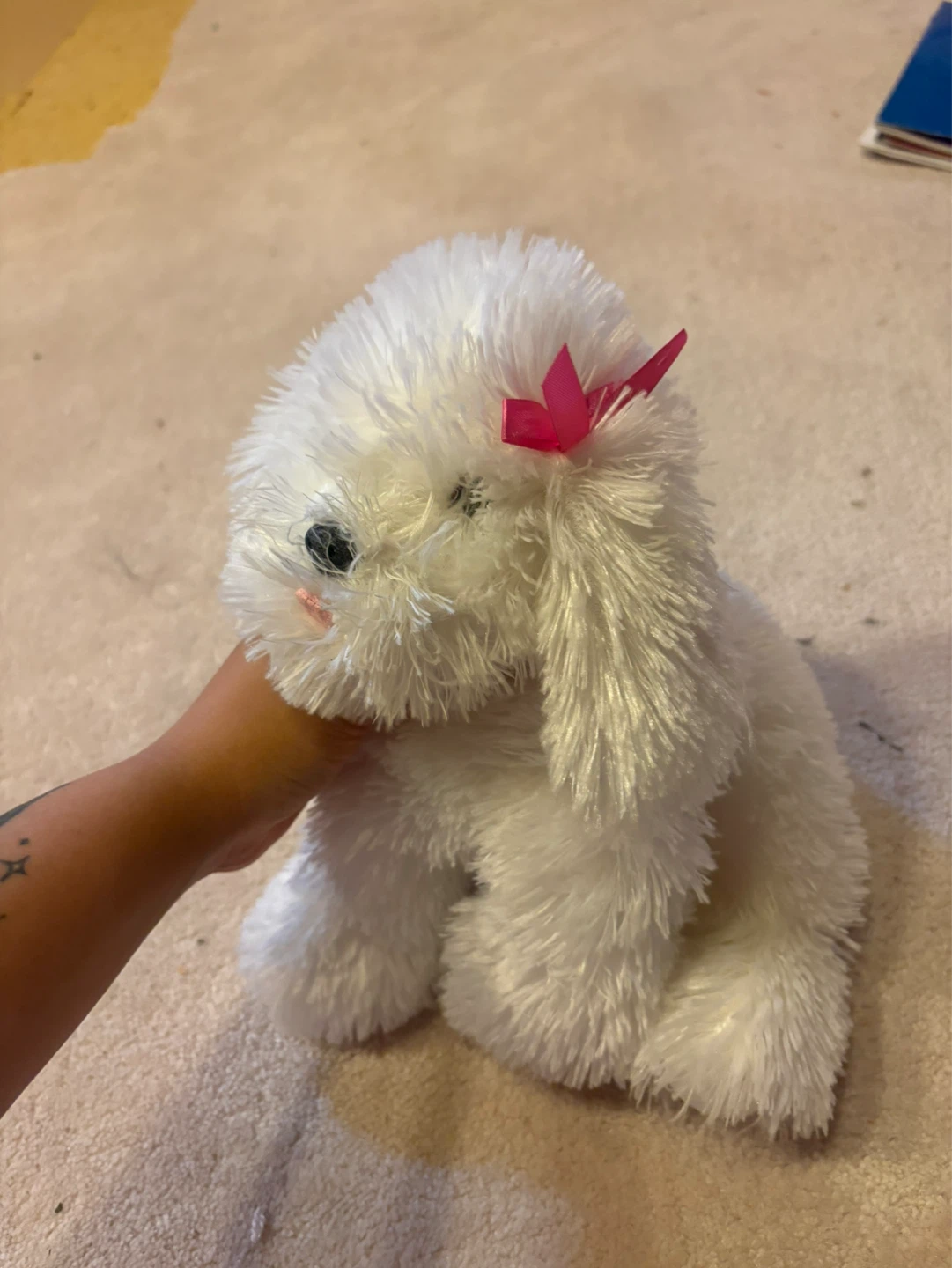 White Plush Dog Toy with Pink Bow and Collar