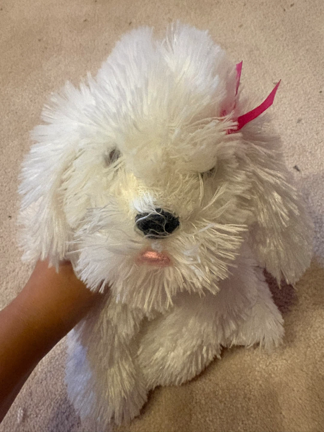 White Plush Dog Toy with Pink Bow and Collar - photo 3