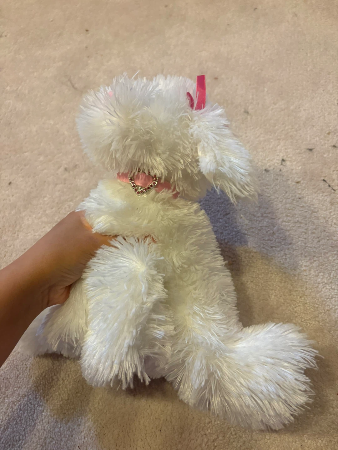 White Plush Dog Toy with Pink Bow and Collar - photo 2