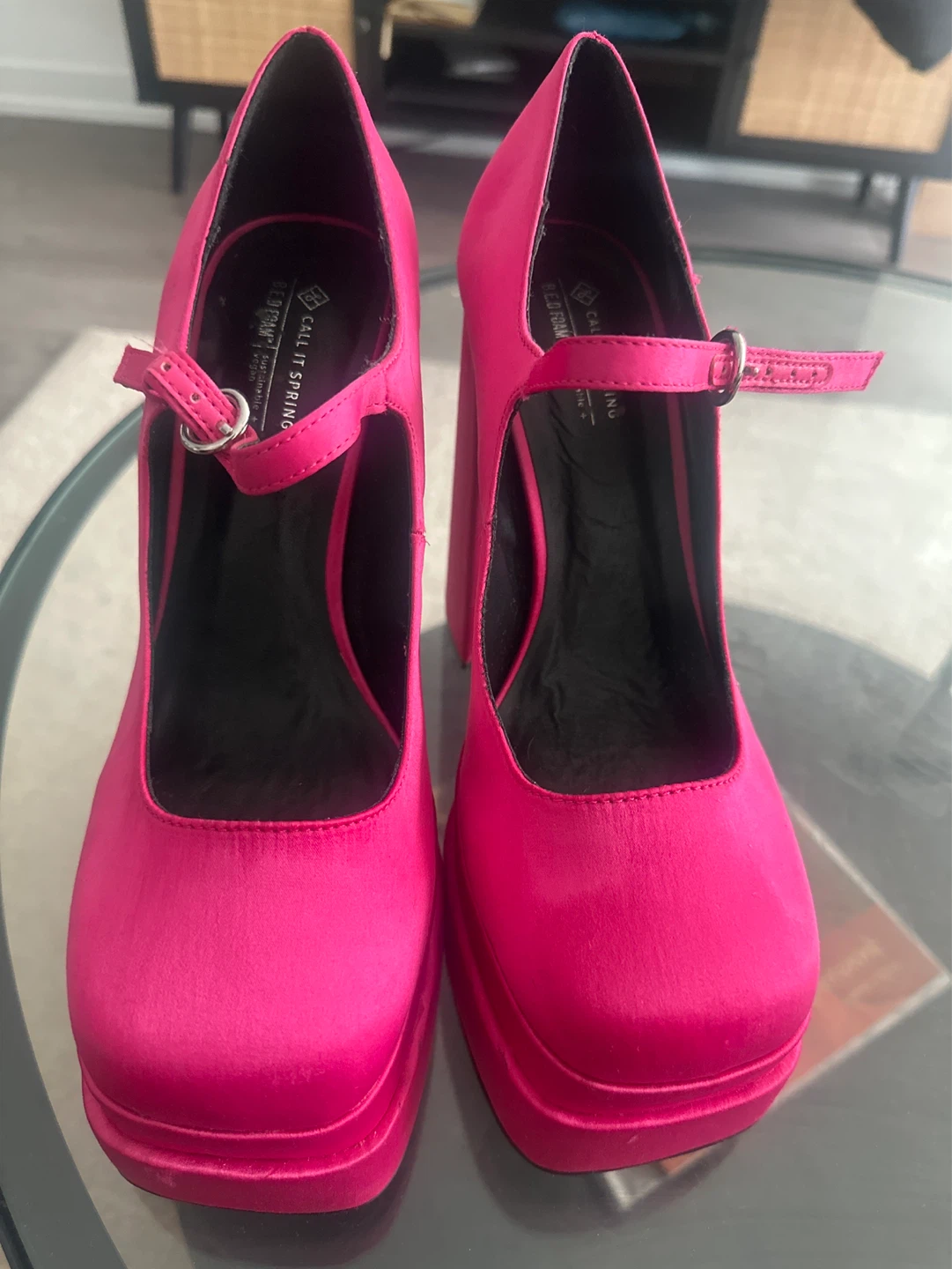 Call It Spring Pink Satin Platform Mary Jane Heels