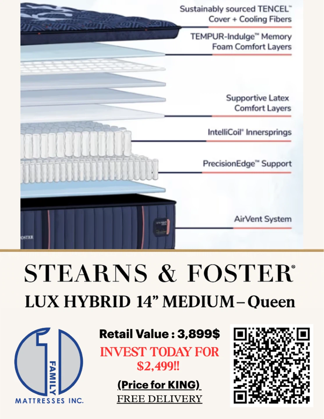 Stearns & Foster Lux Hybrid 14" Medium Queen Mattress