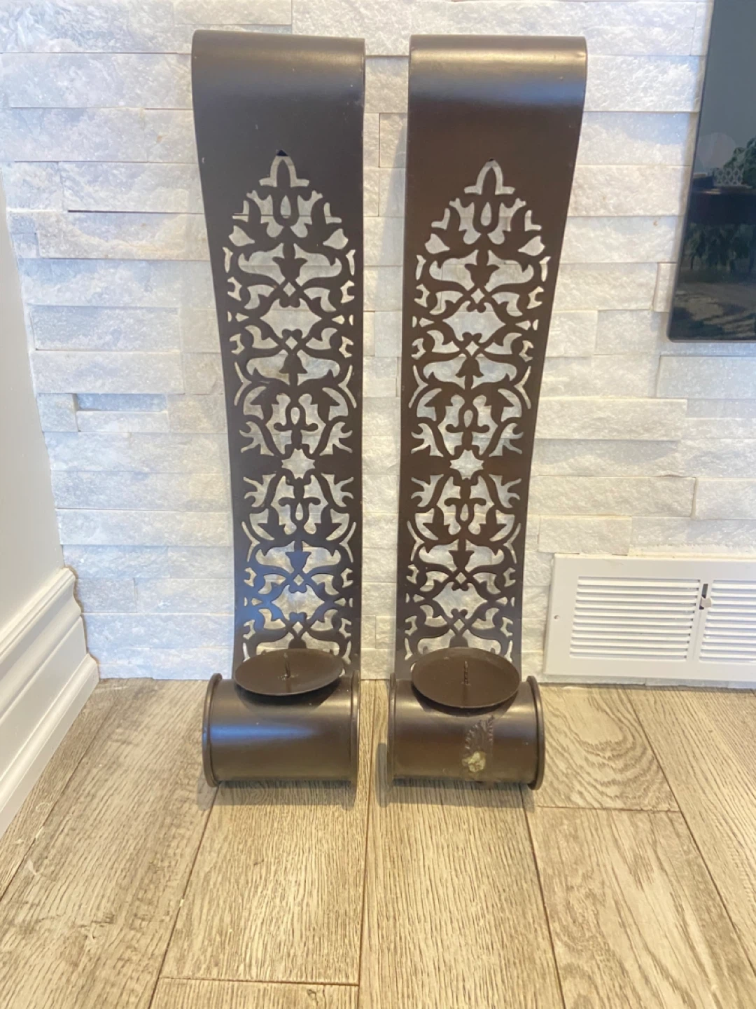 Set of 2 Brown Metal Wall Sconces Candle Holders